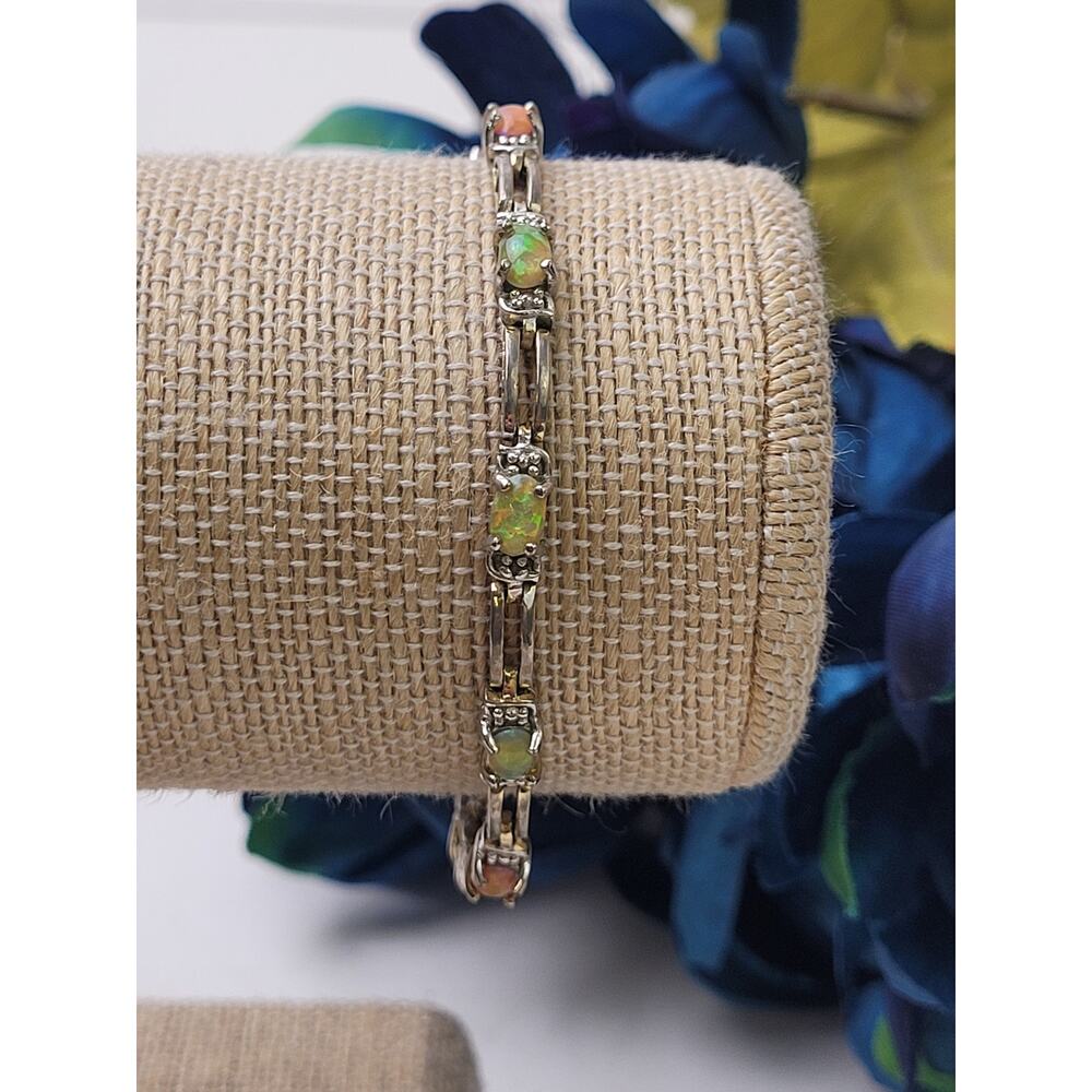 Vintage Sterling Silver & Lab Fire Opal Tennis Bracelet | 7 1/4" Long